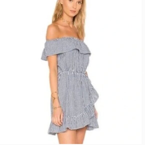 Lovers + Friends Blue Gingham Off the Shoulder Mini Dress Size Small Fit n Flare - Picture 1 of 8